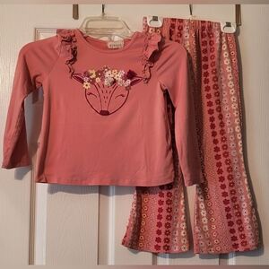 Coral Long Sleeve Shirt with Floral Deer Pattern & Bell Bottom Pants